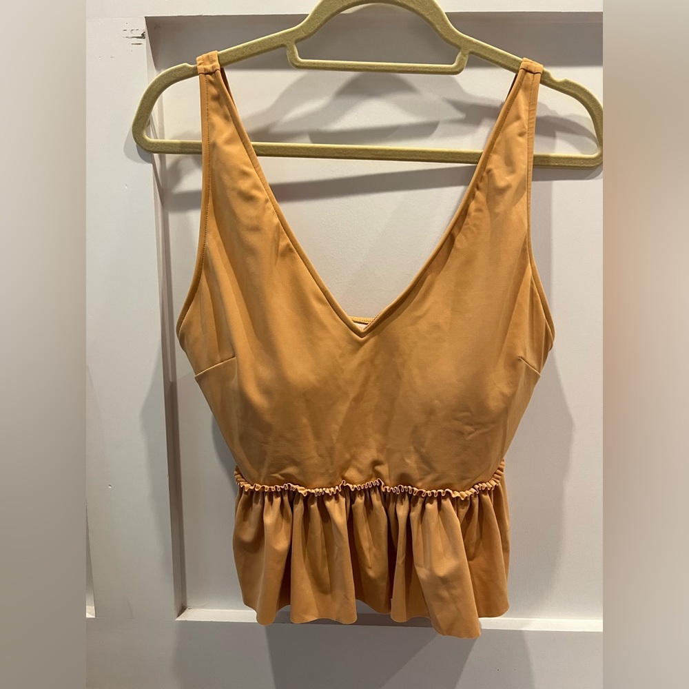 Kortni Jeane, large, tan, ruffle V-neck halter bathing suit top, GUC